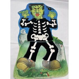 VTG Eureka Flocked 16” Frankenstein Bones Bat Halloween Decoration Die Cut Out